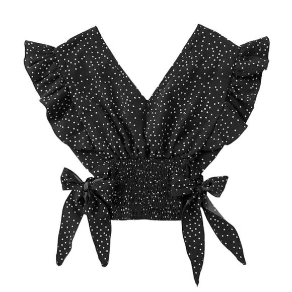 SHEIN Top Stretchy Polkadot Black White Smocked 3X Side Tie Plus - Picture 1 of 13